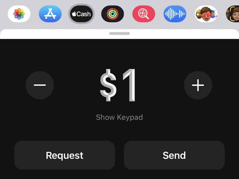 $1 amount displayed on Apple Cash app in iMessage.