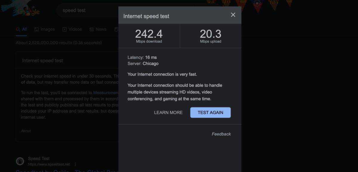 Speed test results on Google.