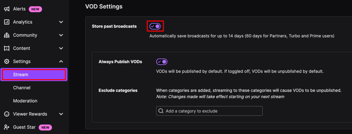 Twitch Creator儀表板VOD設置