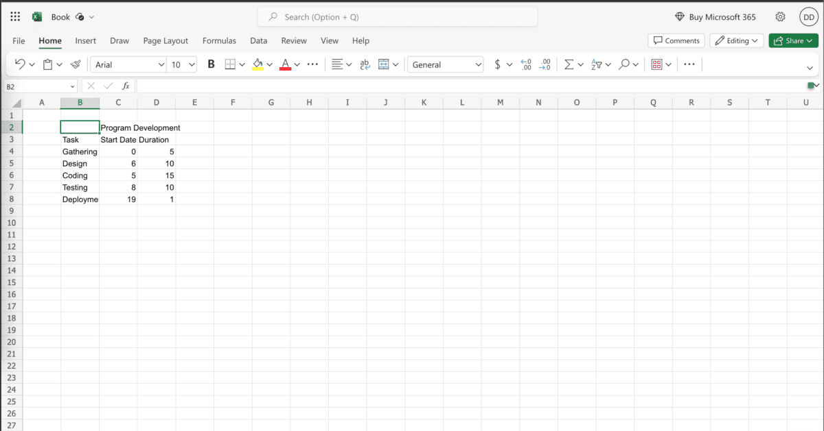 entering data for Gantt chart in Excel