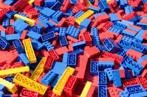 Blue, red and yellow lego toy bricks background