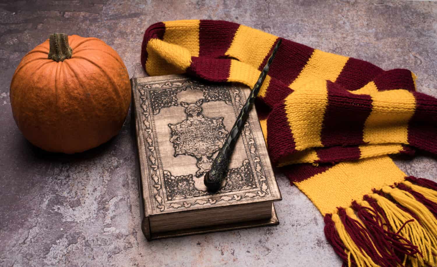 Subjects of the school of magic. Scarf, magic wand, book of spells, pumpkin