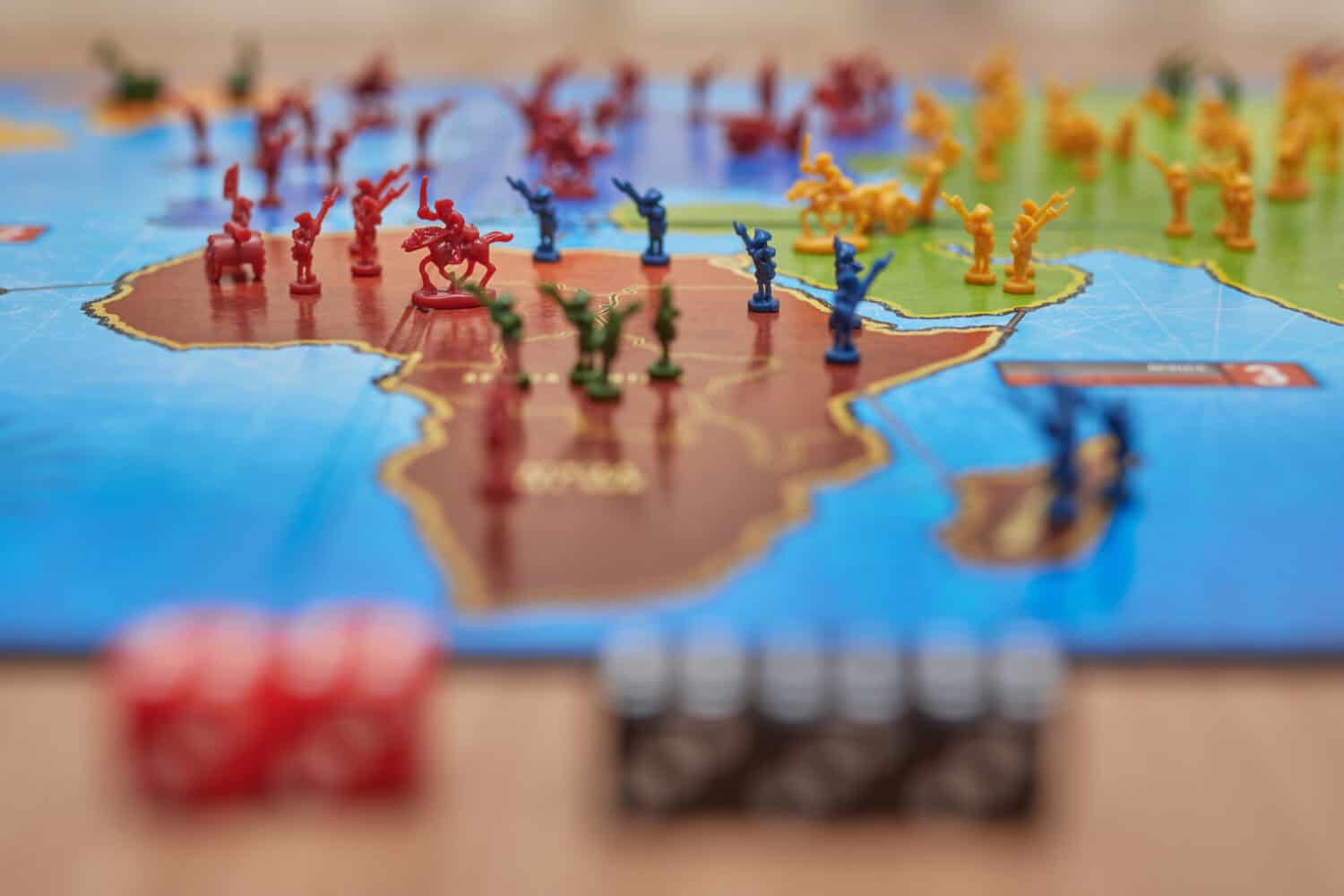 Barcelona, Spain - 05 de Junio de 2020: a lot of figures on the world map, from the risk game