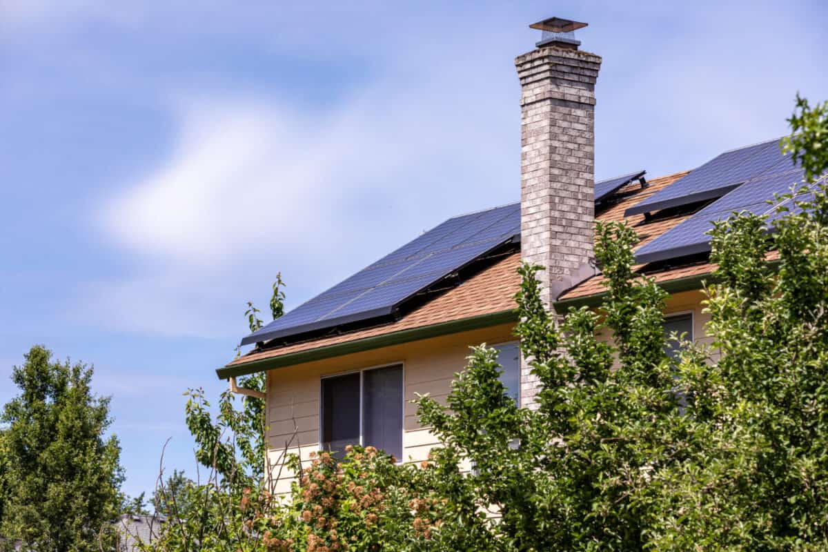 The roof of a house with solar panels on a top, Hillsboro, Oregon
