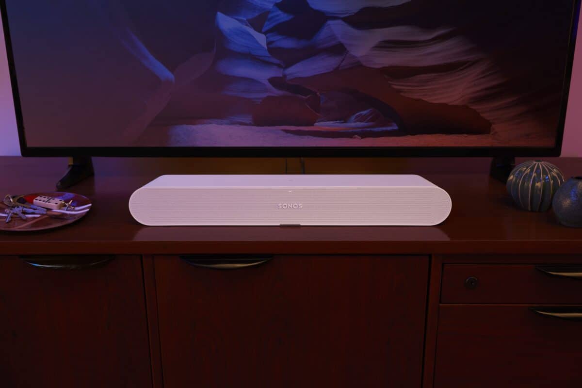 White Sonos Ray in front of TV ATTRIBUTION NOT FOUND
