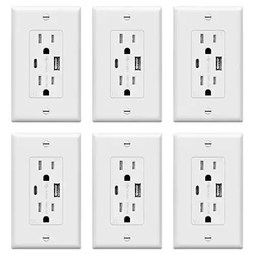 TOPGREENER USB Outlet, Type C Wall Charger, White, 6 Pack