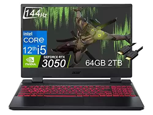 acer Nitro 5 17.3" FHD 144Hz (Intel 12th Gen Core i5-12500H, 64GB RAM, 2TB PCle SSD, GeForce RTX 3050 4GB), Backlit RGB Gaming Laptop, Killer WiFi 6, Type C, 3D Audio, IST Cable, Windows 11 Home