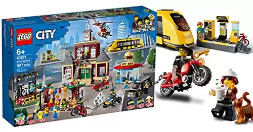 Lego City Main Square 60271 Set with 1517 Pieces Featuring a Town Hall, Diner, Limo, Park, Tram and Helicopter from City Adventures