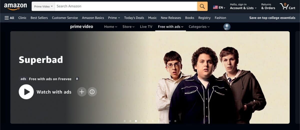 Freevee interface on Prime Video.