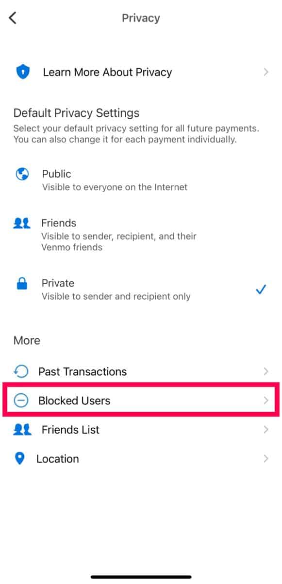 Venmo app Privacy settings