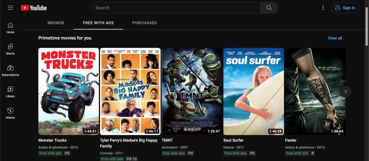 YouTube's free movie selection.