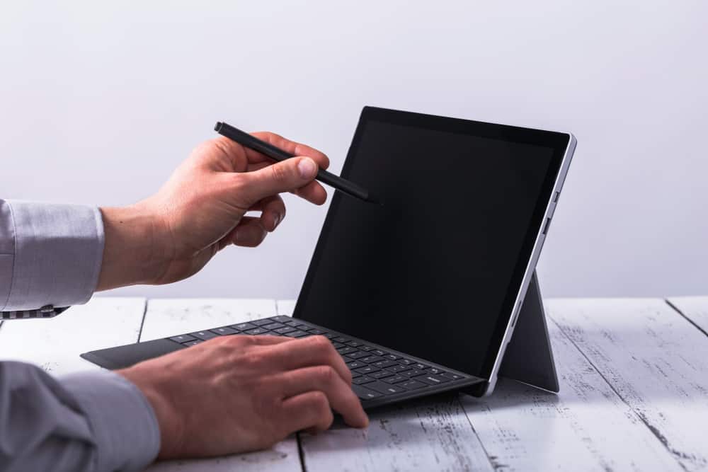 Man showing something by pen on the laptop.