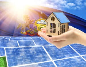 The photo with solar panels and a woman's palm holding a toy house shows the flag State of Pennsylvania in the sun.