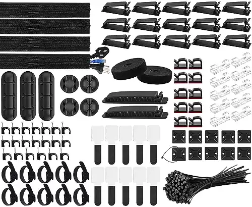 SOULWIT Cable Management Kit,4 Cable Sleeves,37 Cable Clips,7 Cable Holders,10 Zip Tie Mounts,20 Cable Clip Nails,100 Cable Fastening Ties,20+2 Roll Cable Straps for TV PC Computer Under Desk