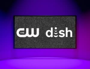 The CW logo next to DISH Network logo on TV.