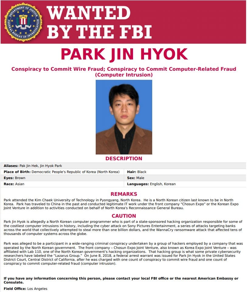 WANTED posting by the FBI featuring Park Jin Hyok