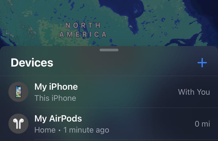 iPhone and AirPods in Find My app.