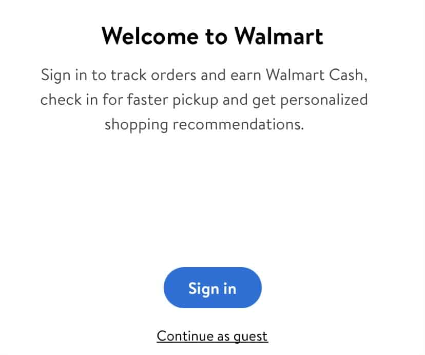 Sign-in page on Walmart app.