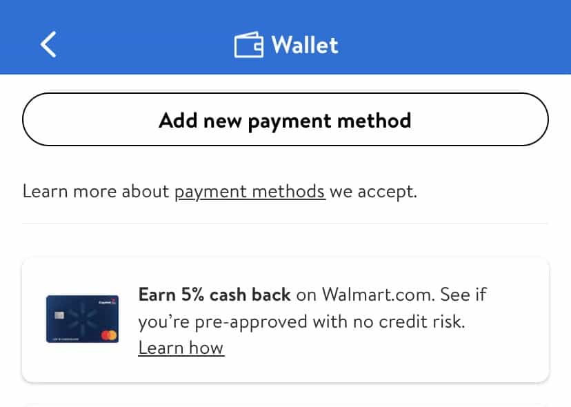 "Add a payment method" option on Walmart app.