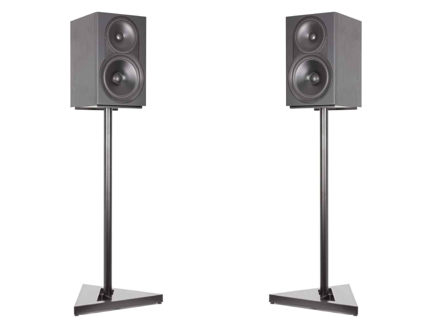 Two monitor audio studio stands and a professional horizontal speaker. Pa System Speaker. Isolated white background