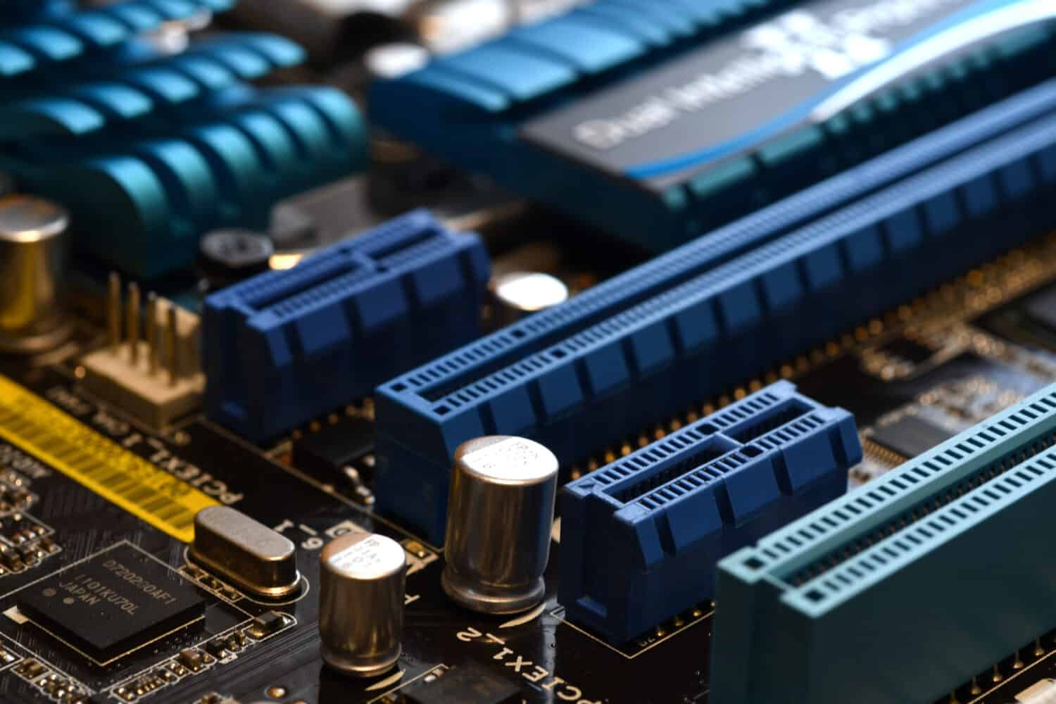 Motherboard with blue PCI-express slot, close-up and selective focusing