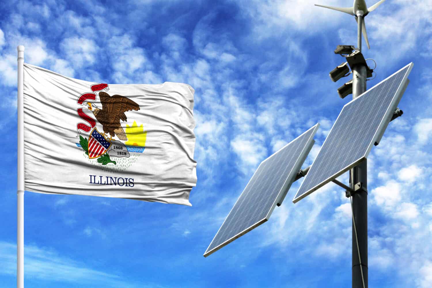 Solar panels on a background of blue sky with a flagpole and the flag State of Illinois