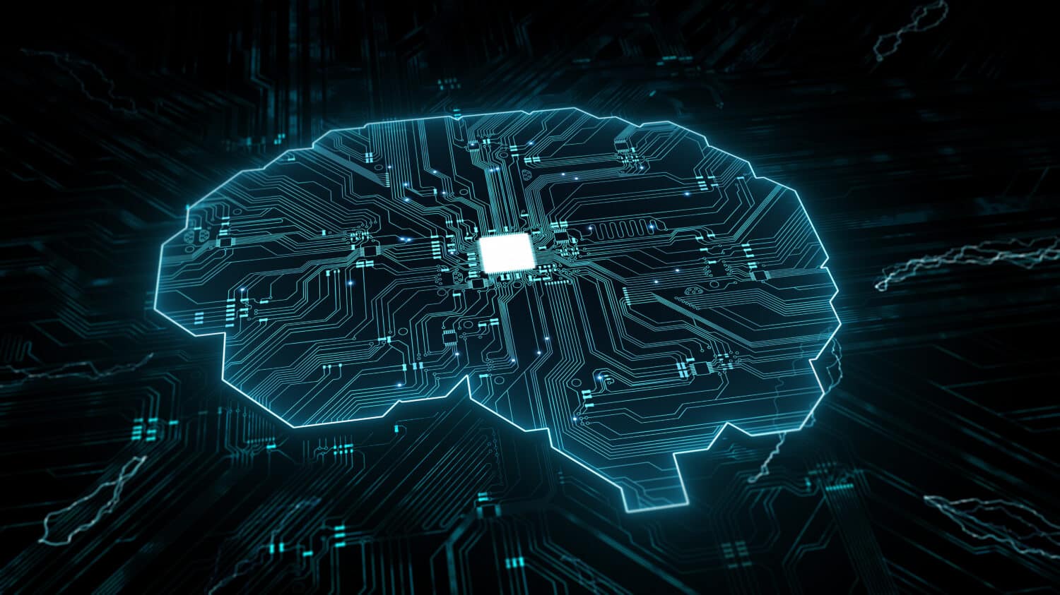 Artificial intelligence (AI), data mining, deep learning modern computer technologies. Futuristic Cyber Technology Innovation. Brain representing artificial intelligence with printed circuit board (