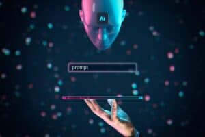 Artificial intelligence AI think about prompt (command) entered by AI user. Artificial intelligence represented by humanoid head with AI chip is waiting for prompt (assignment).