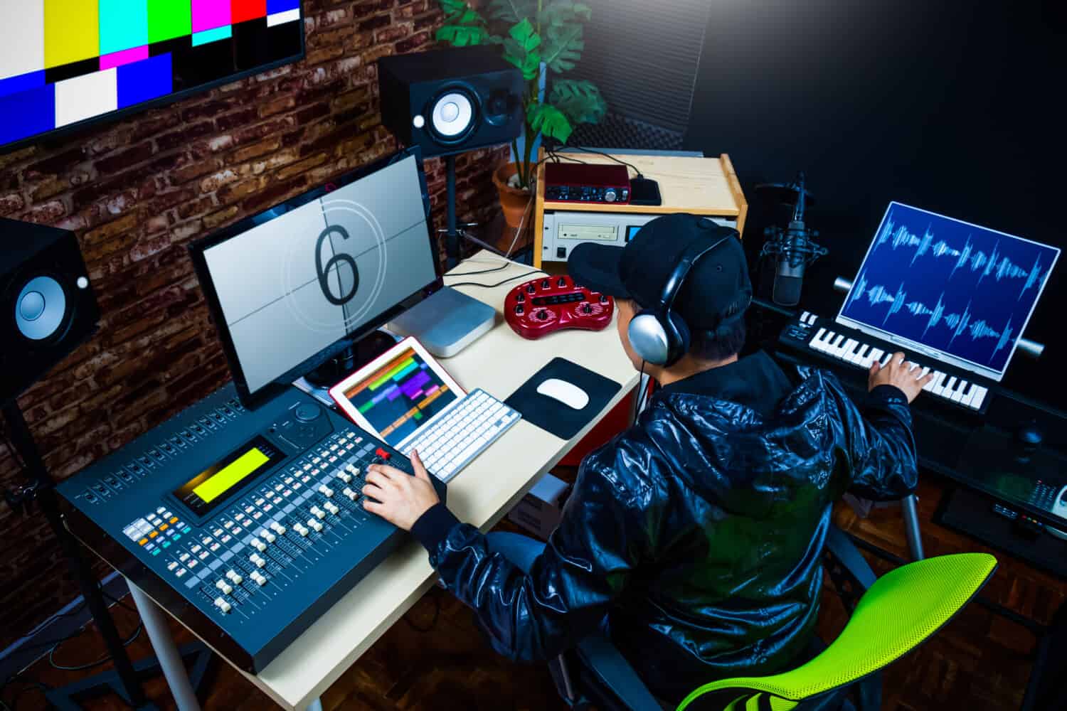 asian male sound engineer working in digital audio & video editing post production studio
