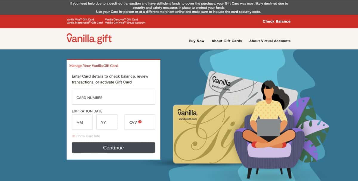A screenshot of the Vanilla Gift website where you activate your gift card.