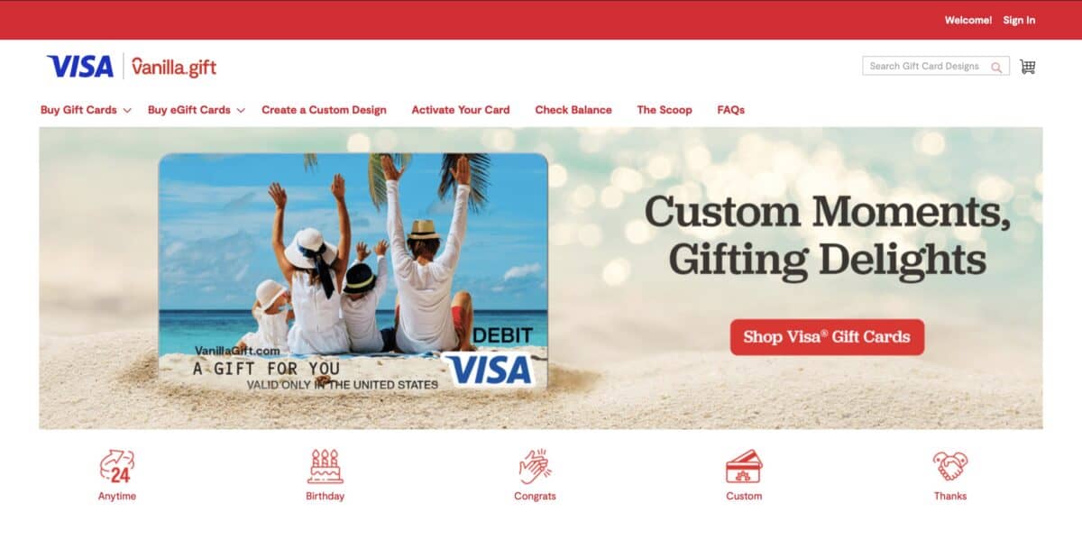 A screenshot of the Vanilla Gift homepage.