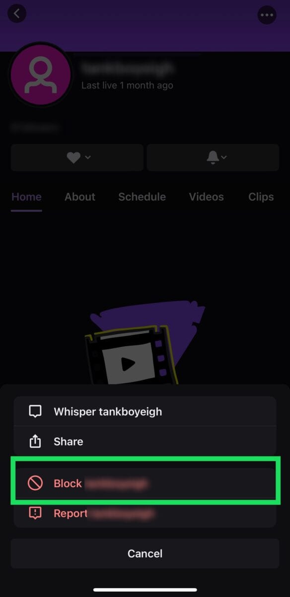 Twitch mobile block button.