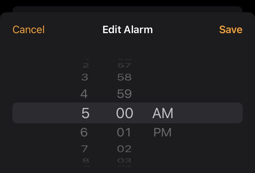 Edit Alarm settings with Cancel and Save buttons.