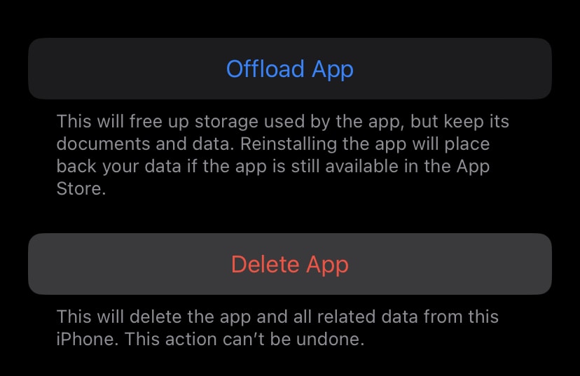 Offload and Delete App options on Instagram.