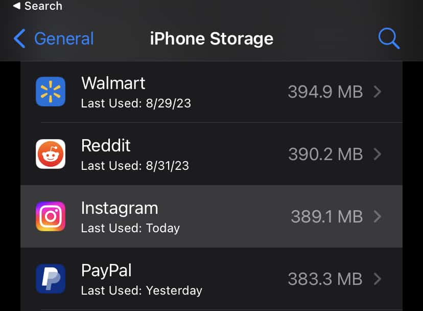 Instagram option in iPhone Storage section under Settings on iPhone.