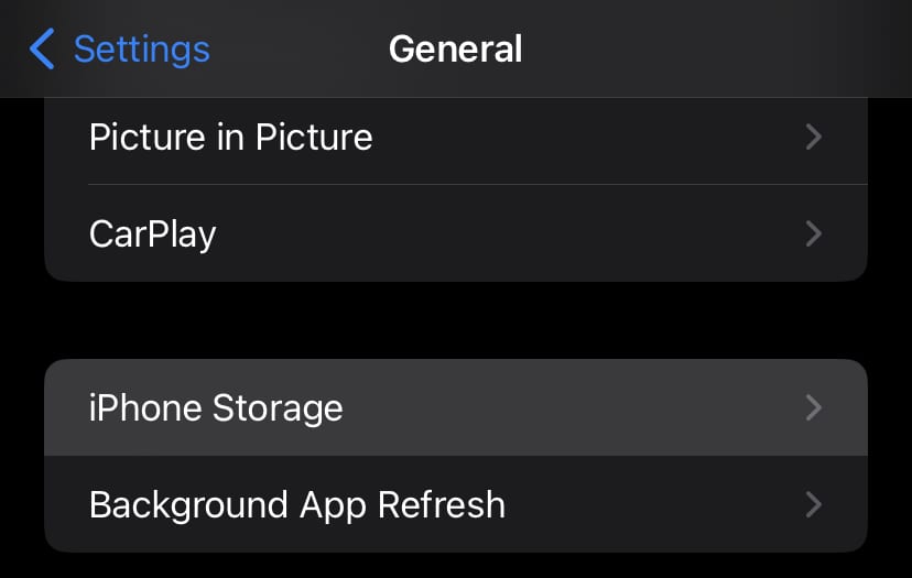 iPhone Storage option under General in Settings app on iPhone.