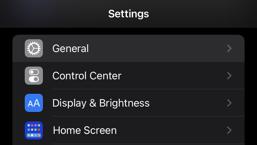 General tab in Settings app on iPhone.