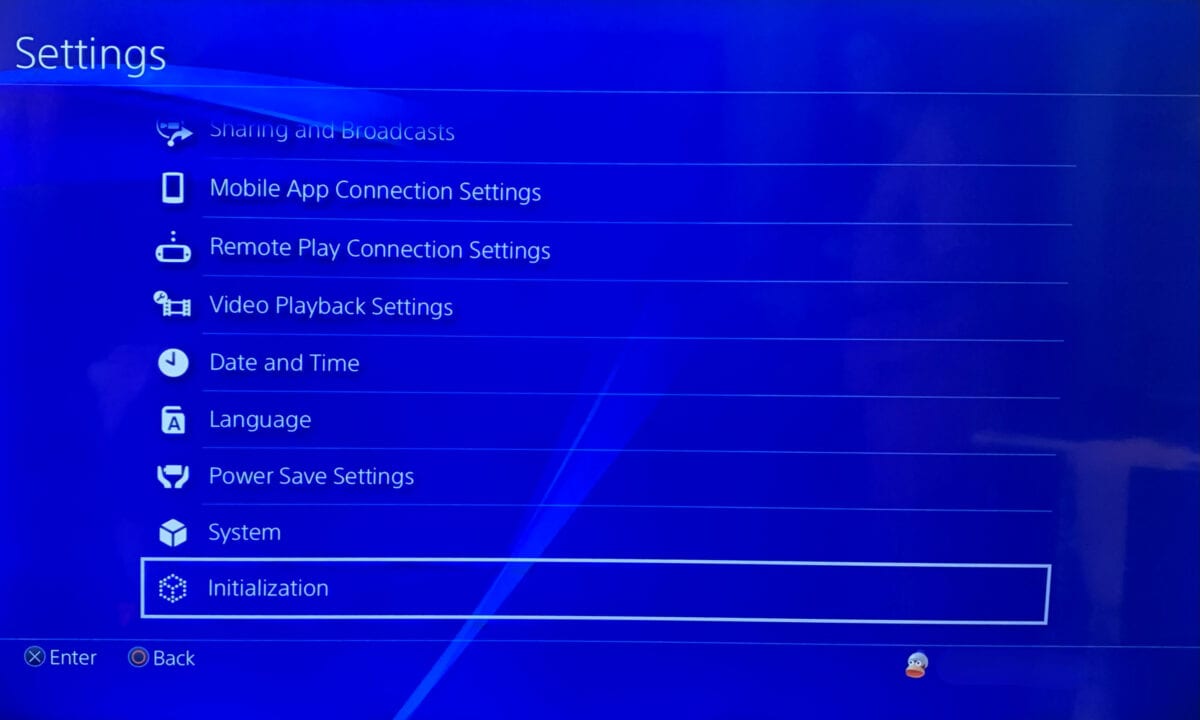 PS4 settings screen.