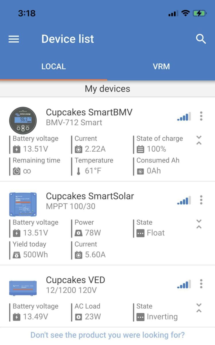 A cellphone application displays the data from a battery shunt, solar charge controller and a inverter. Individual component data is displayed if the user taps on any icon.