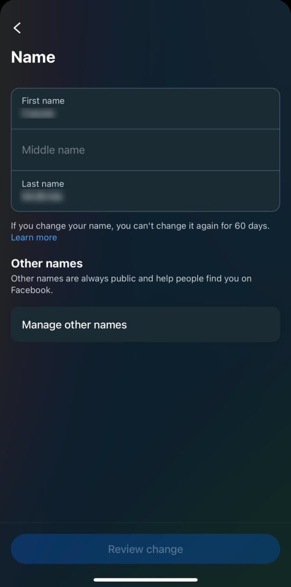 Change Name Facebook