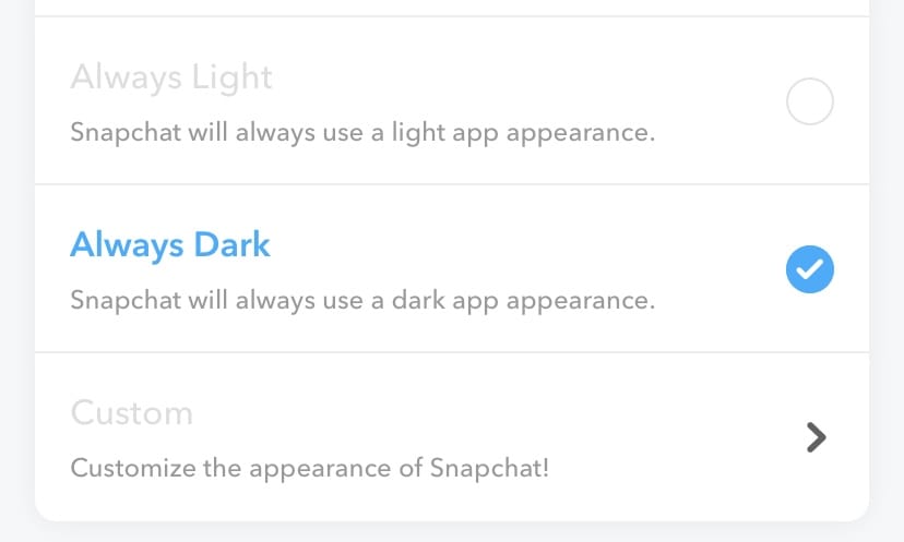 App Appearance settings on Snapchat.