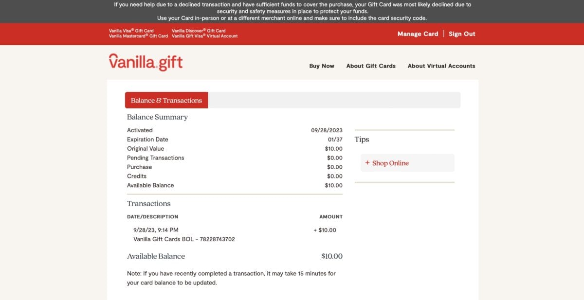 A screenshot of the Vanilla.Gift page where you can manage your gift card. This page lets you see your balance, transactions, and other relevant data. 