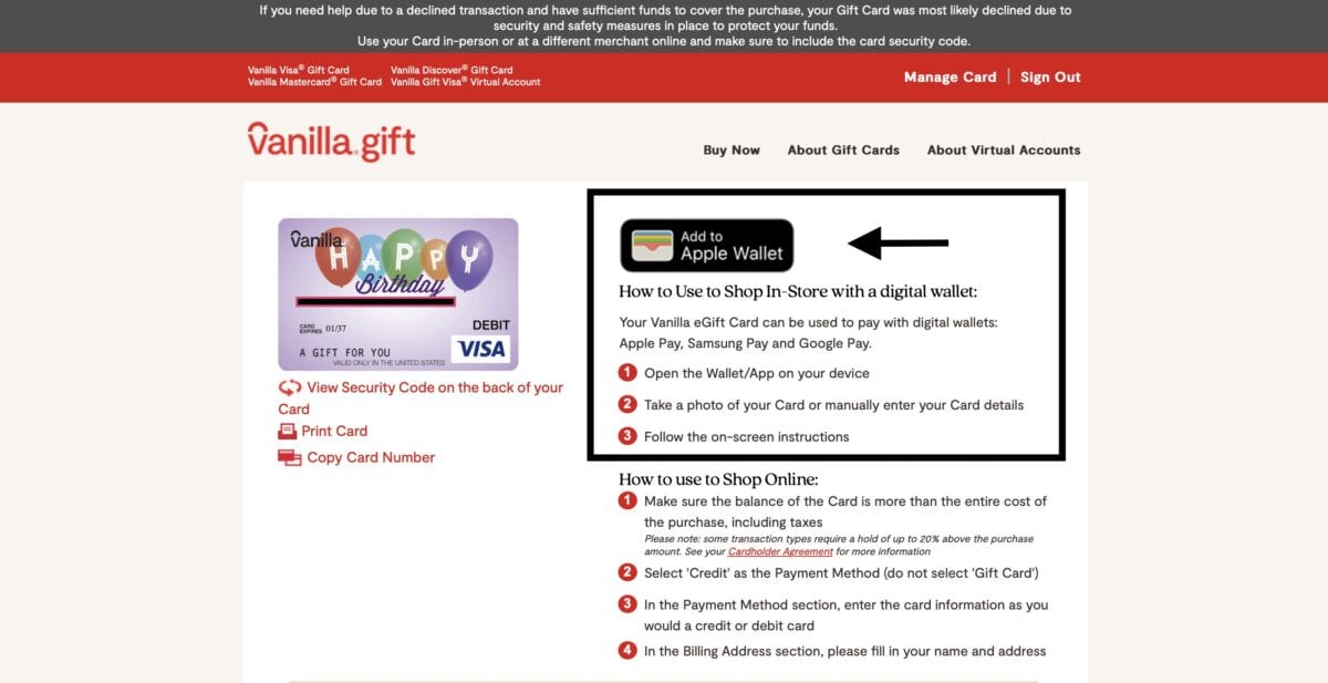 A screenshot of the Vanilla Gift website that shows how to add your gift card to Apple Wallet.