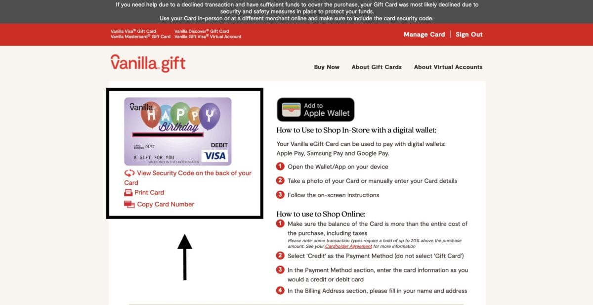 A screenshot of the Vanilla Gift website that shows your gift card information.