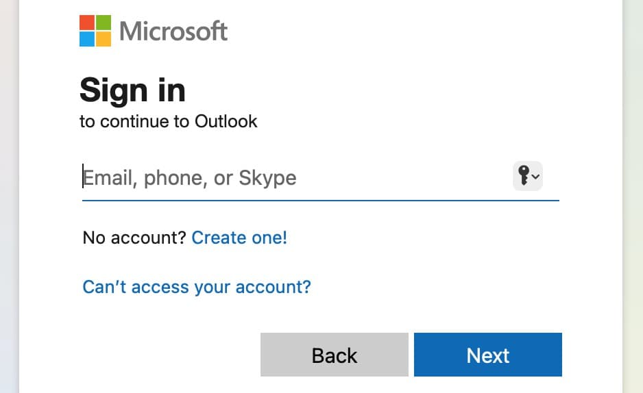 Outlook login screen.