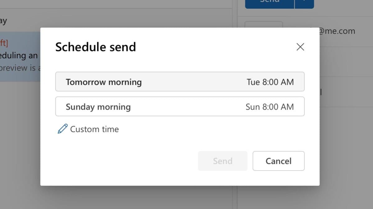 Email scheduling options in Outlook.