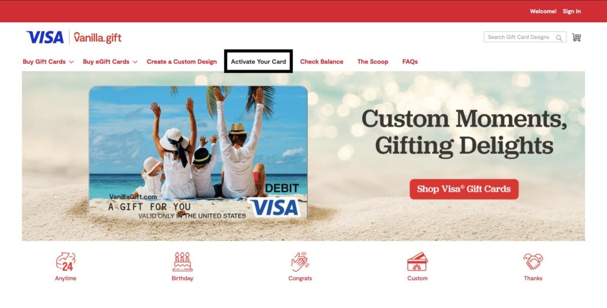 A screenshot of the Vanilla Gift homepage where you can select the option to activate your card. 