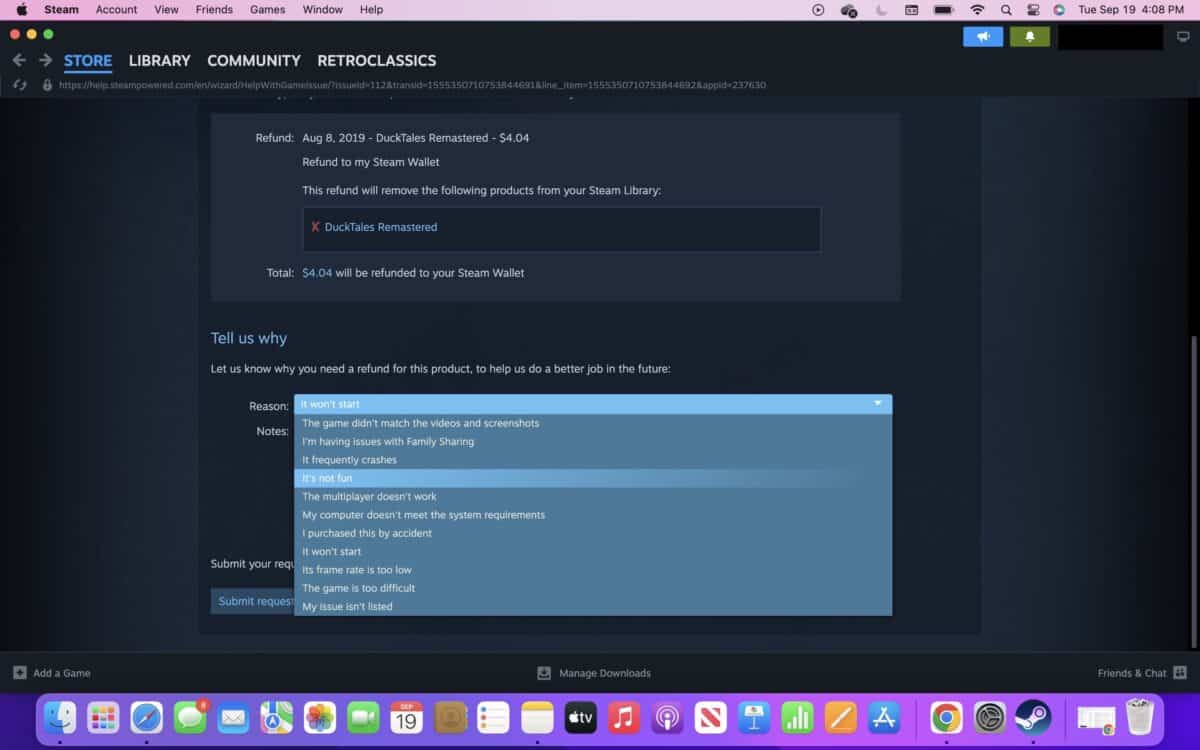 How to return a game on Steam