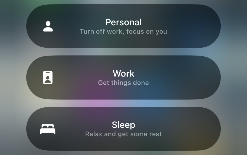 Personal, Work, and Sleep options on Focus.