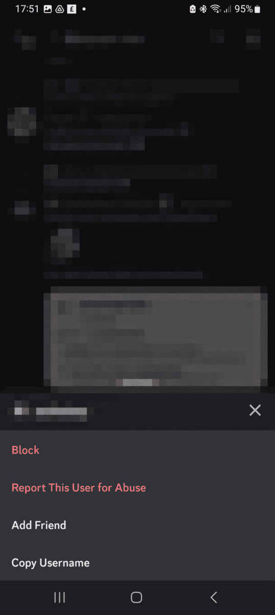 Blocking someone on Discord mobile from their profile.